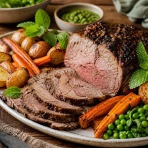 Sliced New Zealand roast lamb with roasted potatoes, carrots, peas, and fresh mint.