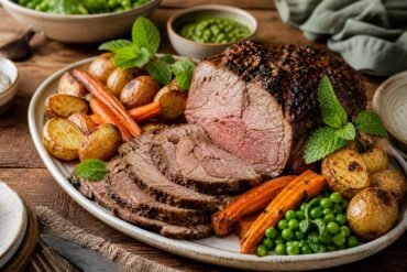 Sliced New Zealand roast lamb with roasted potatoes, carrots, peas, and fresh mint.