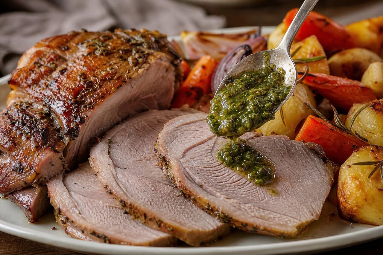 Tender sliced New Zealand roast lamb served with mint sauce and roasted vegetables.