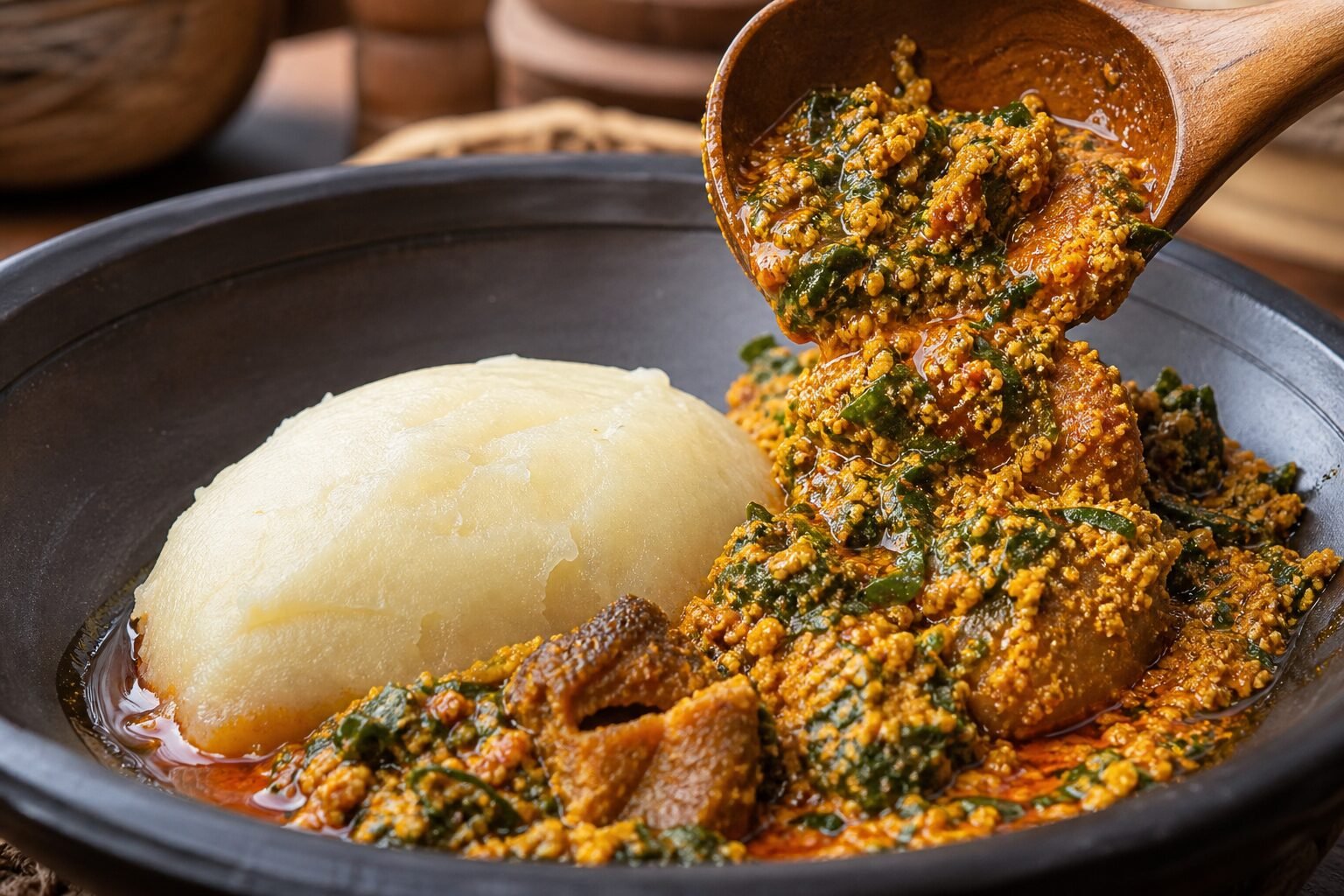 A close-up serving of thick Nigerian egusi soup ladled beside smooth pounded yam.