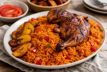 A platter of Nigerian jollof rice with grilled chicken, fried plantains, tomatoes, and peppers.