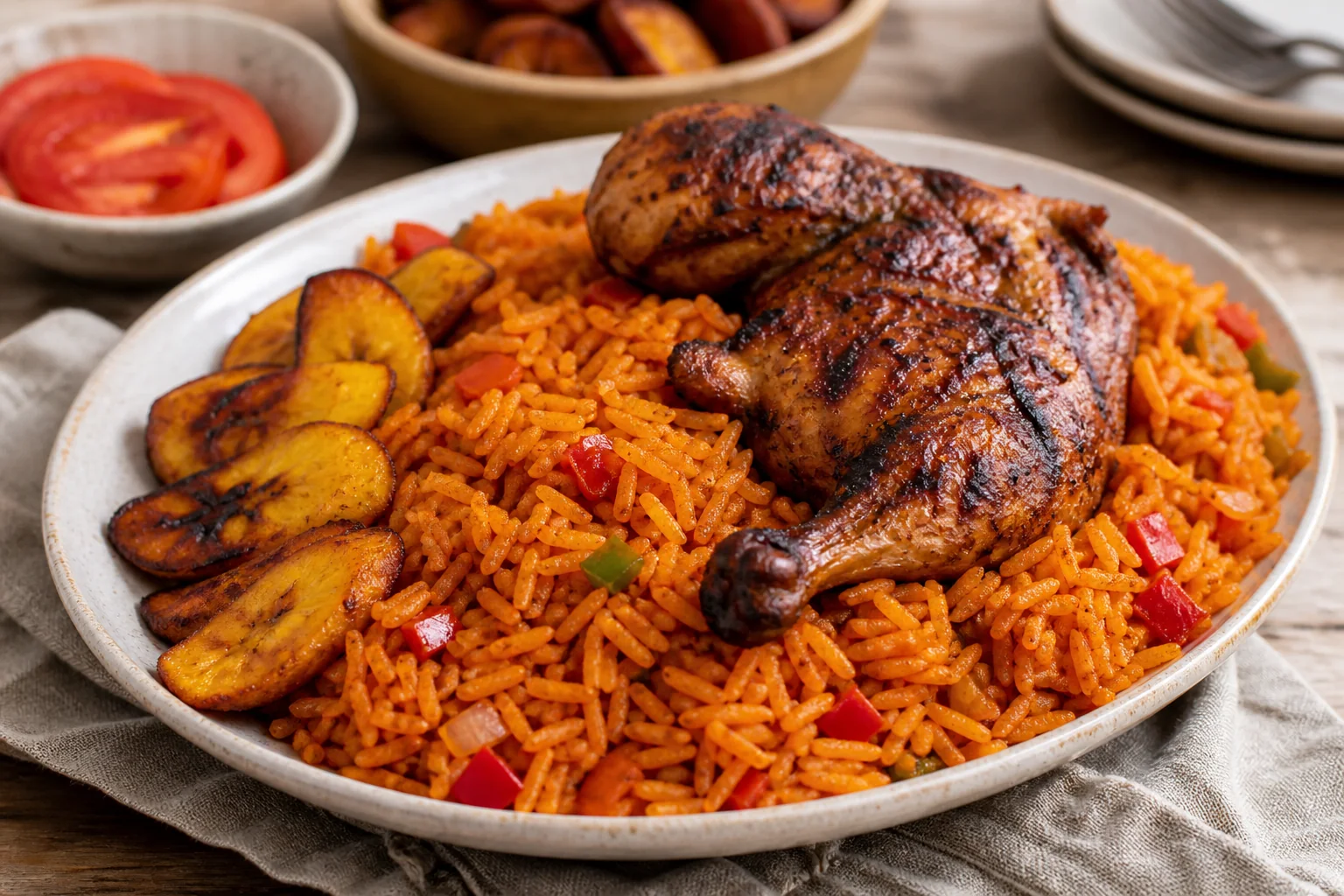 A platter of Nigerian jollof rice with grilled chicken, fried plantains, tomatoes, and peppers.