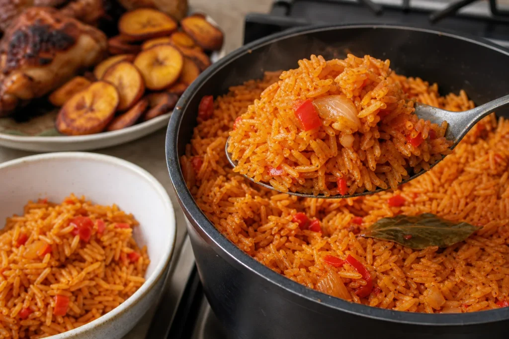 A spoonful of Nigerian jollof rice being served from a pot with plantains and grilled chicken in the background.