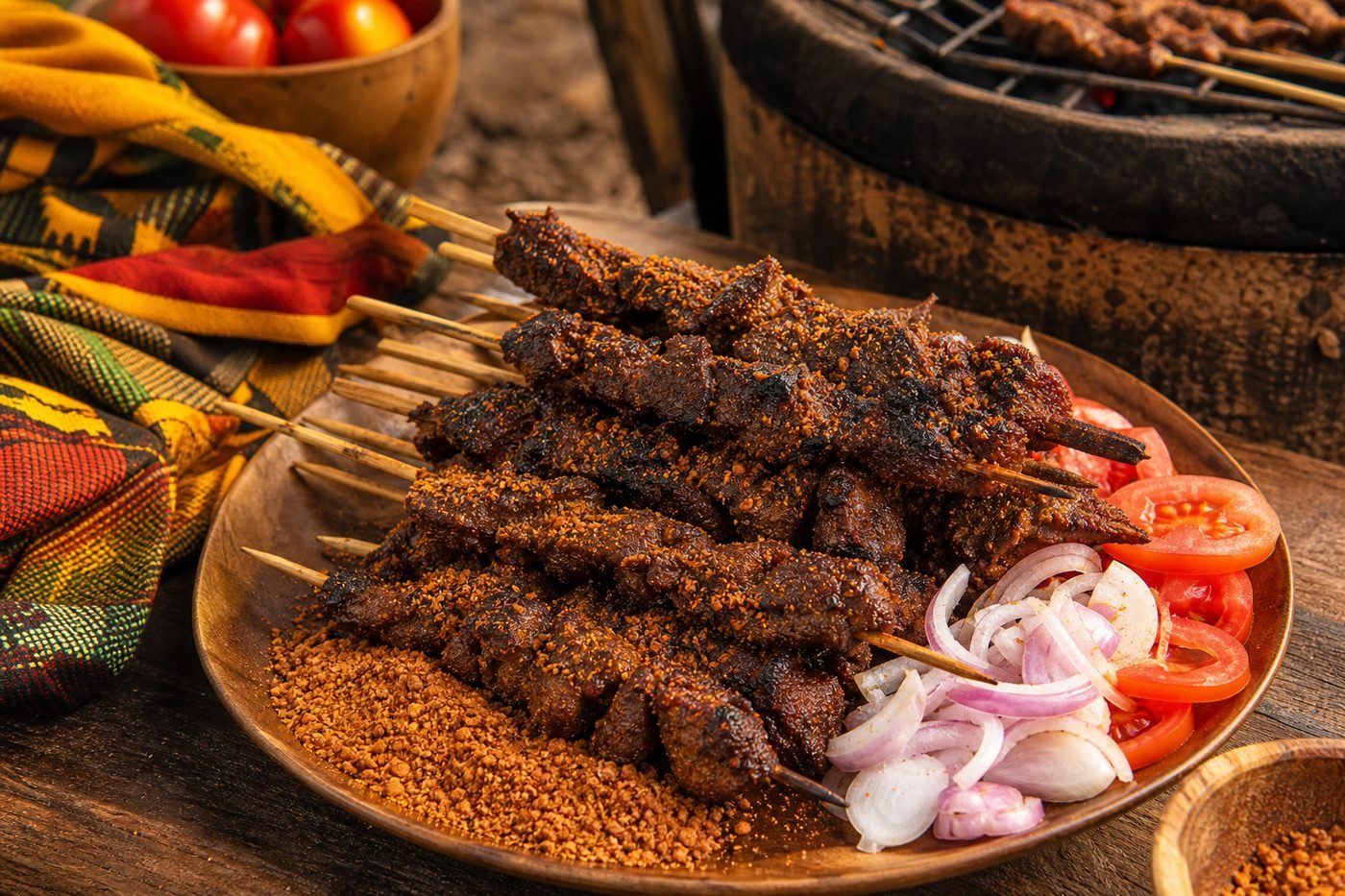 Smoky Nigerian suya beef skewers coated in spicy peanut seasoning with onions and tomatoes.