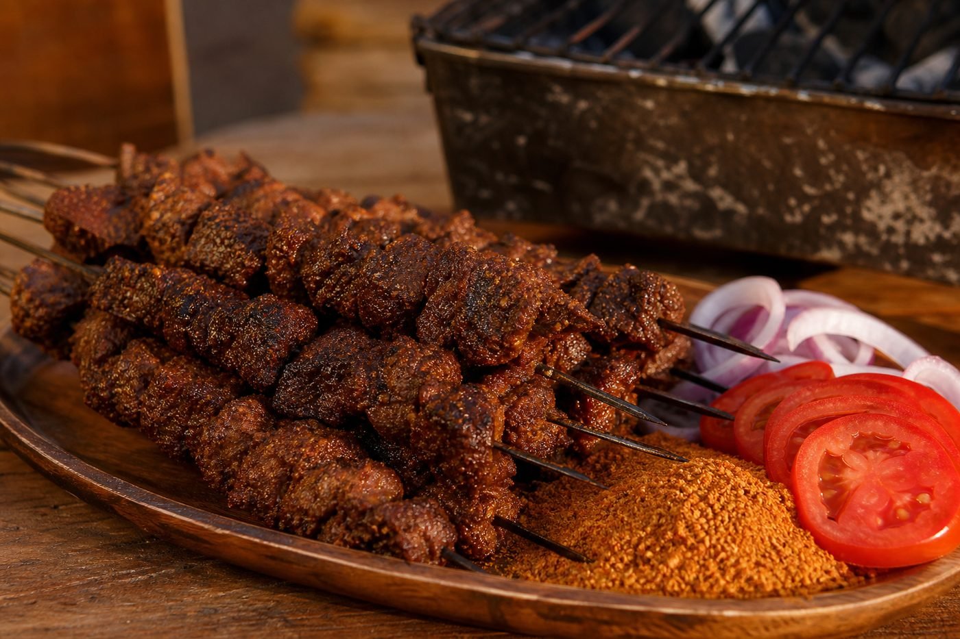 Close serving of Nigerian suya beef skewers with suya spice, onion rings, tomato, and a grill in the background.