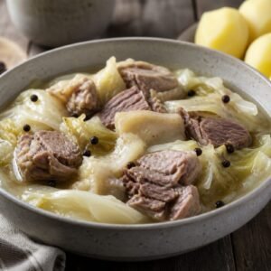 A bowl of Norwegian Fårikål lamb and cabbage stew with black peppercorns and boiled potatoes.