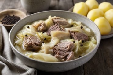 A bowl of Norwegian Fårikål lamb and cabbage stew with black peppercorns and boiled potatoes.