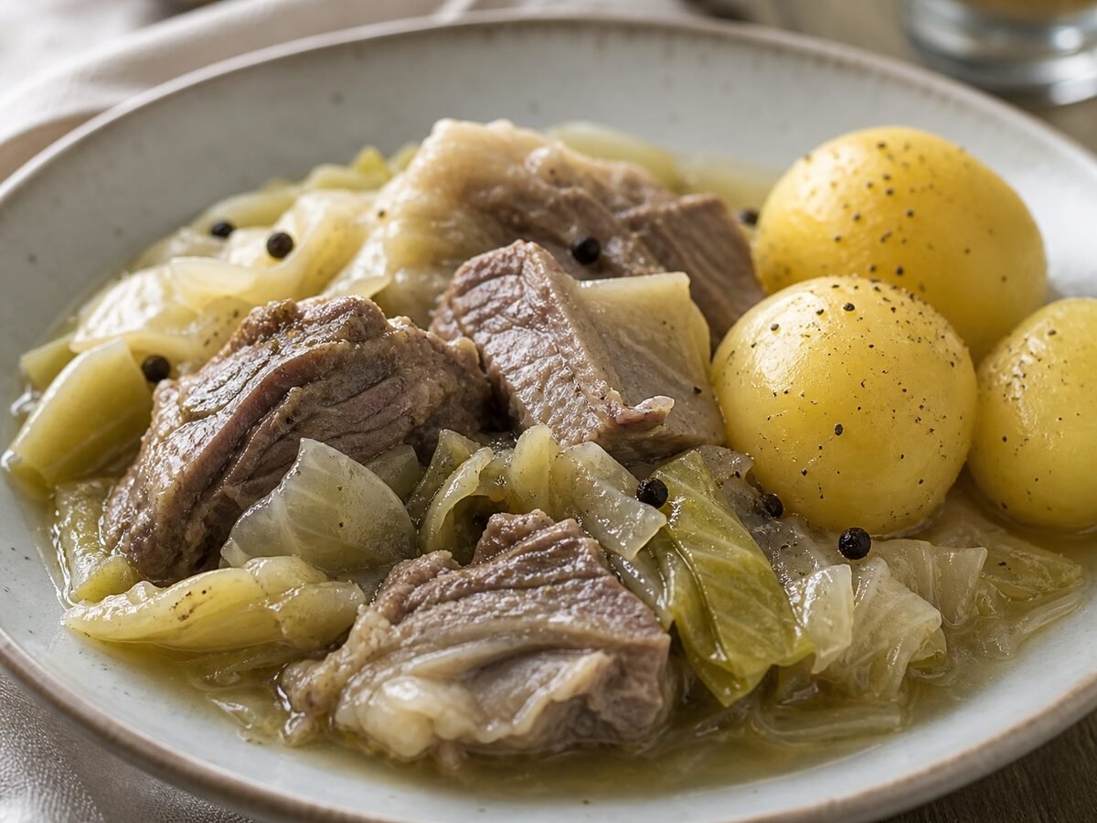 A close-up serving of Norwegian lamb and cabbage stew with peppercorns and boiled potatoes.