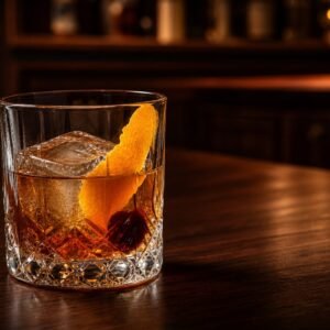 An amber Old Fashioned cocktail with a large clear ice cube, orange peel, and cherry in a rocks glass.