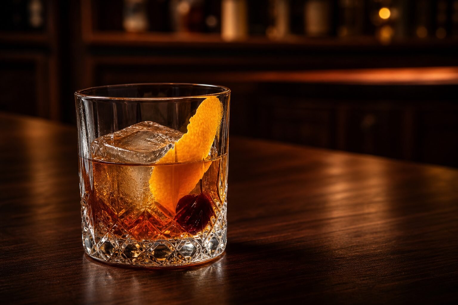 An amber Old Fashioned cocktail with a large clear ice cube, orange peel, and cherry in a rocks glass.