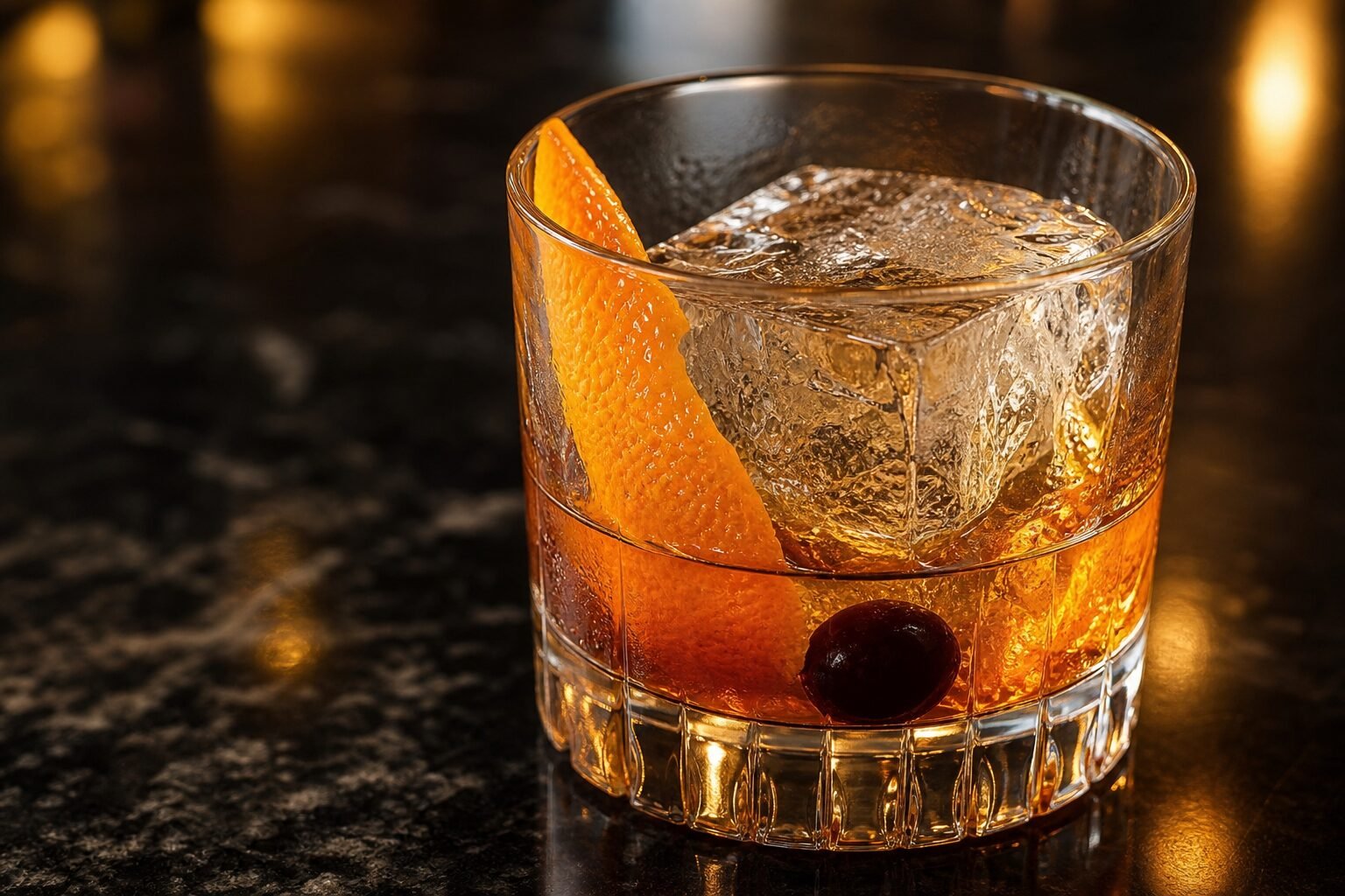 Close view of an Old Fashioned with whiskey, clear ice, orange peel, condensation, and cherry.