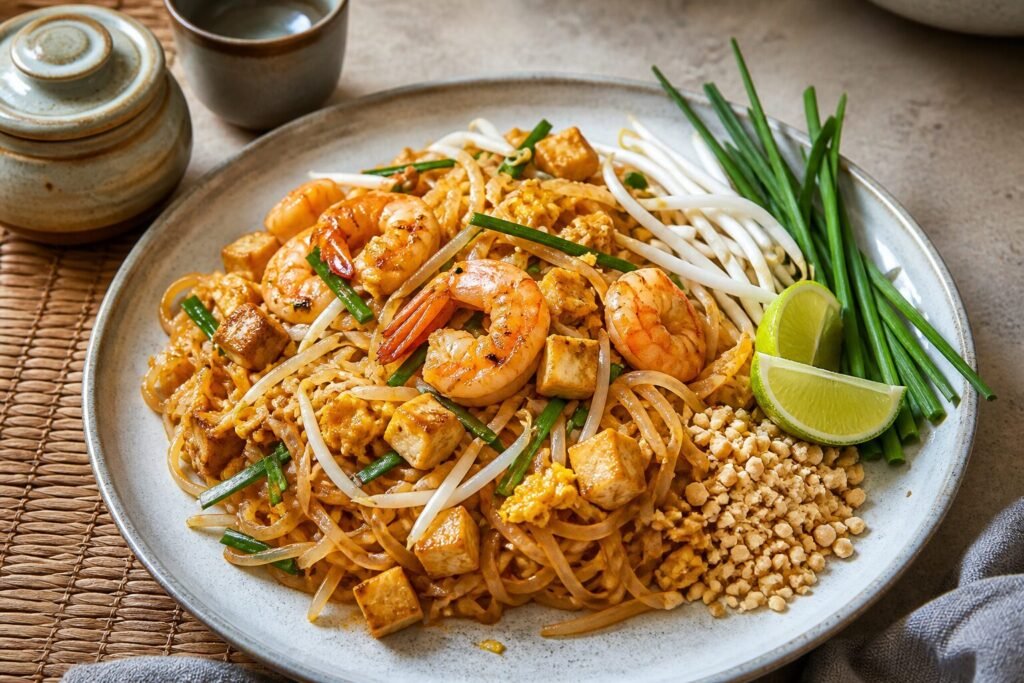 Pad Thai with shrimp, tofu, egg, bean sprouts, peanuts, lime, and chives.