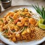 Pad Thai with shrimp, tofu, egg, bean sprouts, peanuts, lime, and chives.