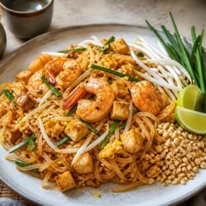 Pad Thai with shrimp, tofu, egg, bean sprouts, peanuts, lime, and chives.