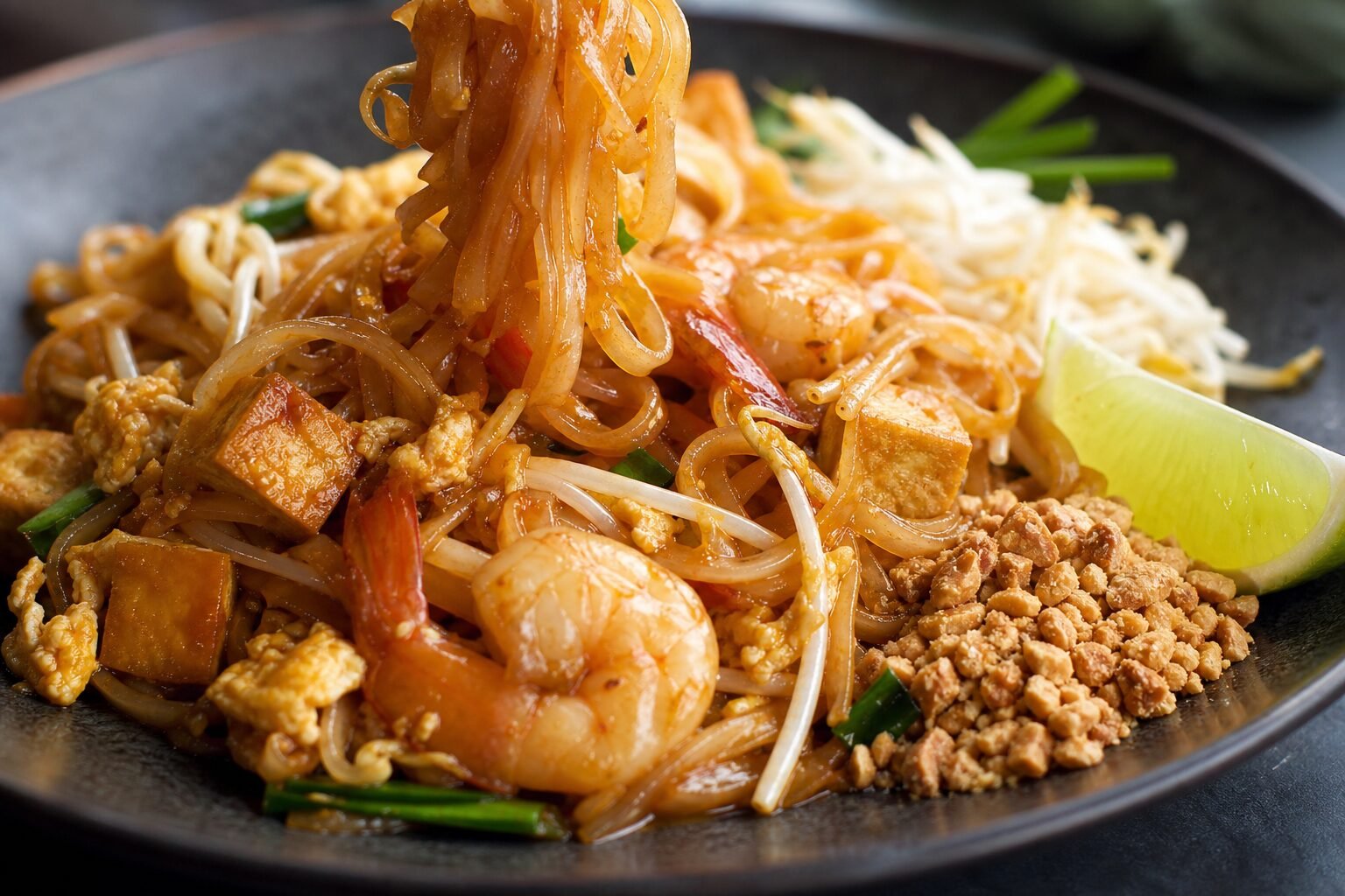 Close serving view of glossy Pad Thai noodles with shrimp, tofu, egg, peanuts, bean sprouts, and lime.