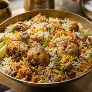 Pakistani chicken biryani with saffron basmati rice, fried onions, mint, and lemon.