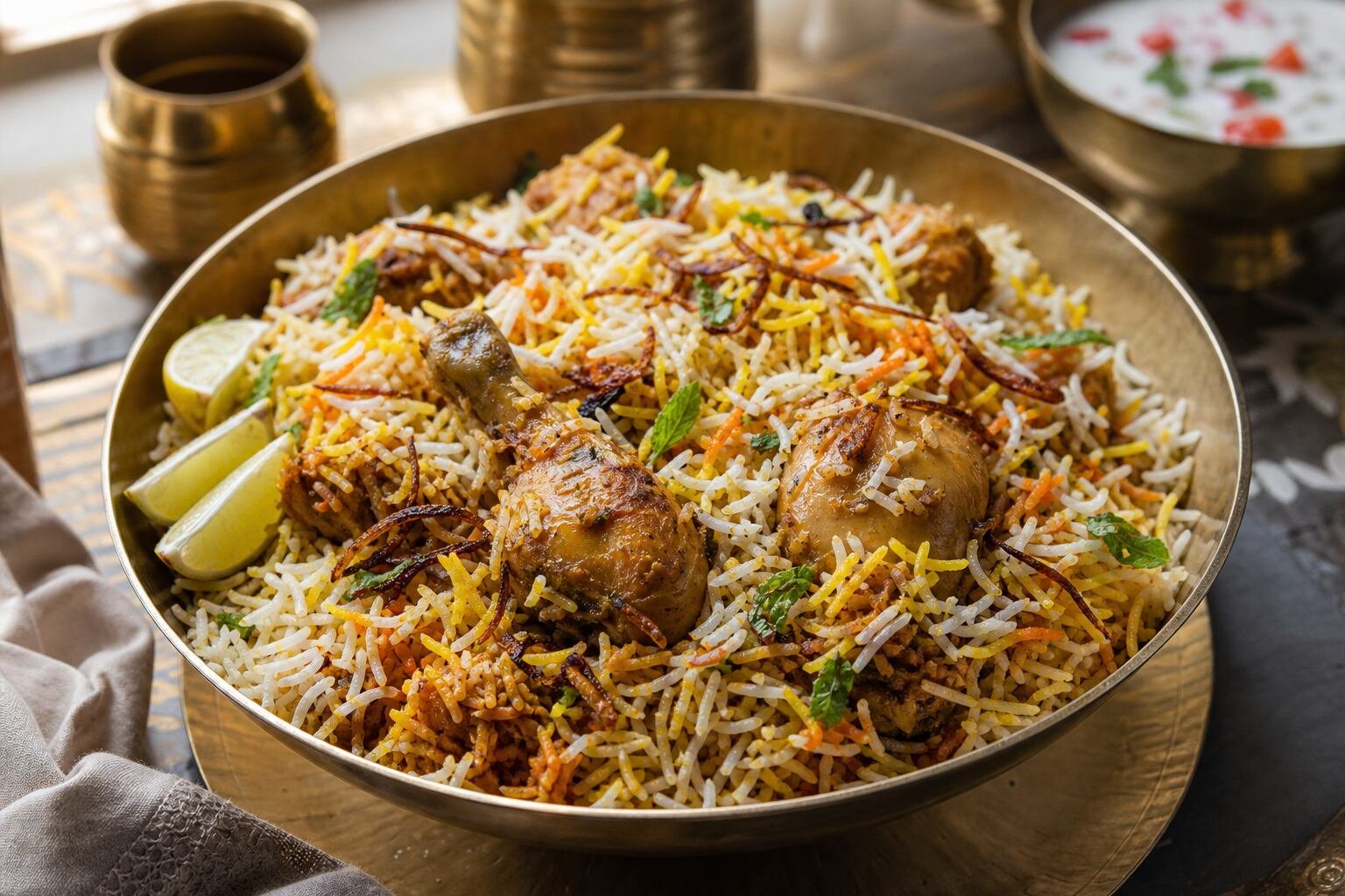 Pakistani chicken biryani with saffron basmati rice, fried onions, mint, and lemon.