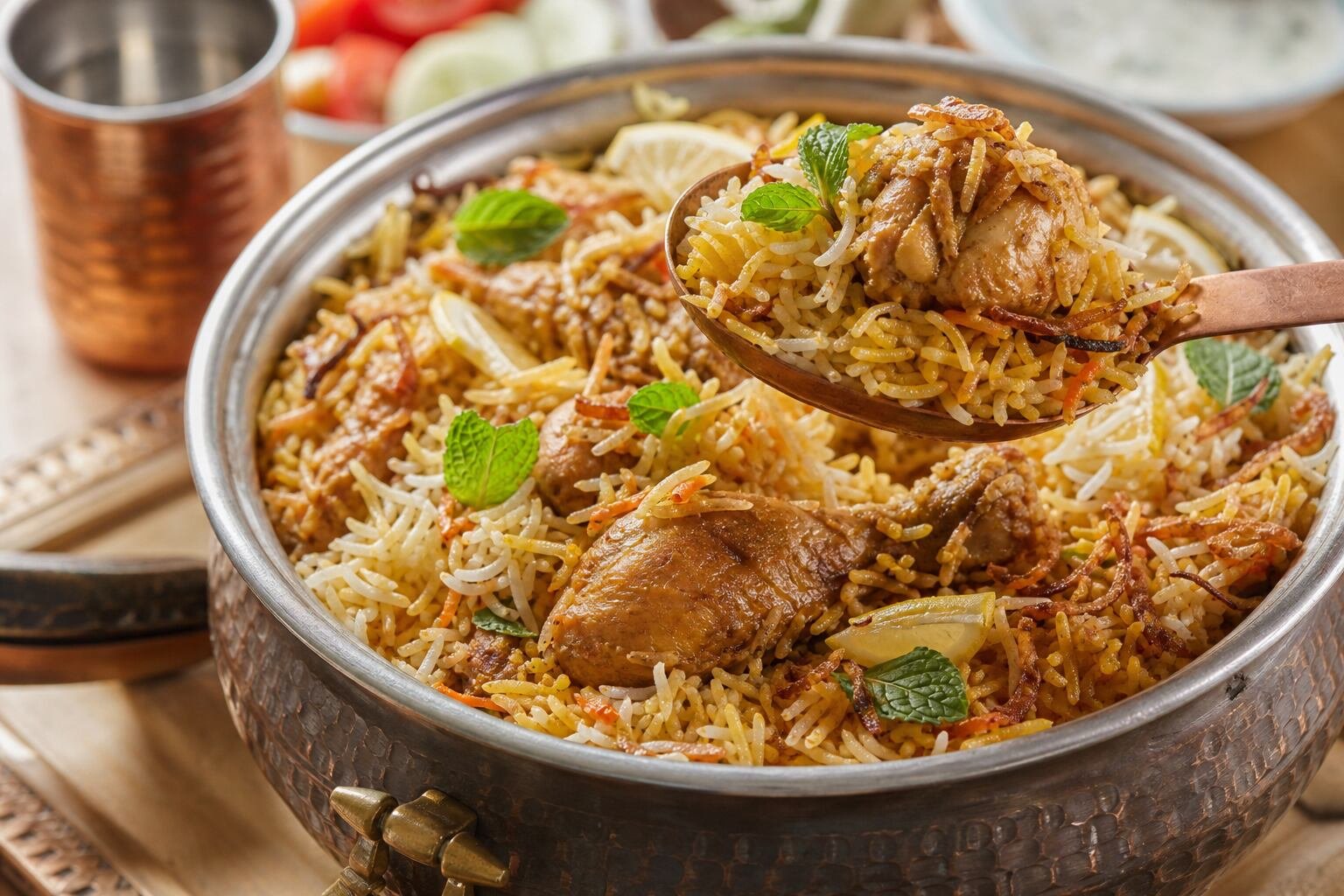 A spoonful of Pakistani chicken biryani with fragrant rice, tender chicken, mint, and lemon.