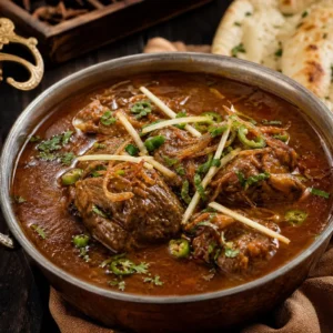 A bowl of Pakistani nihari beef stew with ginger, cilantro, green chili, and naan.