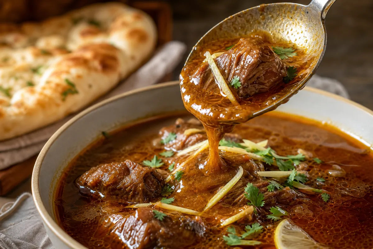 A close-up serving of rich Pakistani nihari with tender beef, ginger, cilantro, and lemon.
