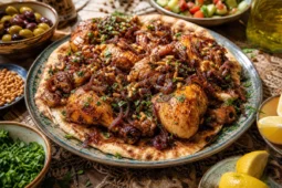 Palestinian musakhan with roasted chicken, caramelized onions, sumac, pine nuts, and taboon bread.