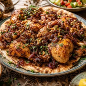 Palestinian musakhan with roasted chicken, caramelized onions, sumac, pine nuts, and taboon bread.