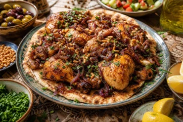Palestinian musakhan with roasted chicken, caramelized onions, sumac, pine nuts, and taboon bread.