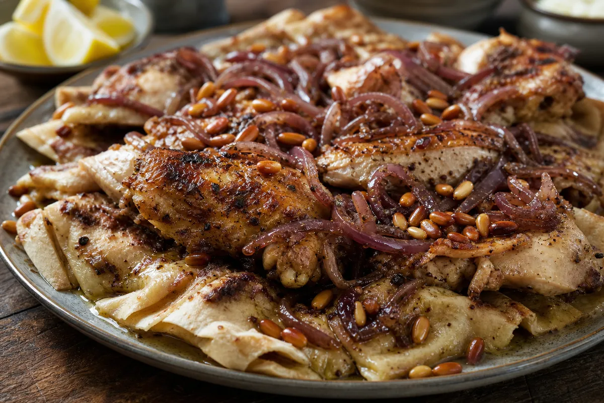 A close-up serving of Palestinian musakhan with sumac onions, roasted chicken, pine nuts, and bread.