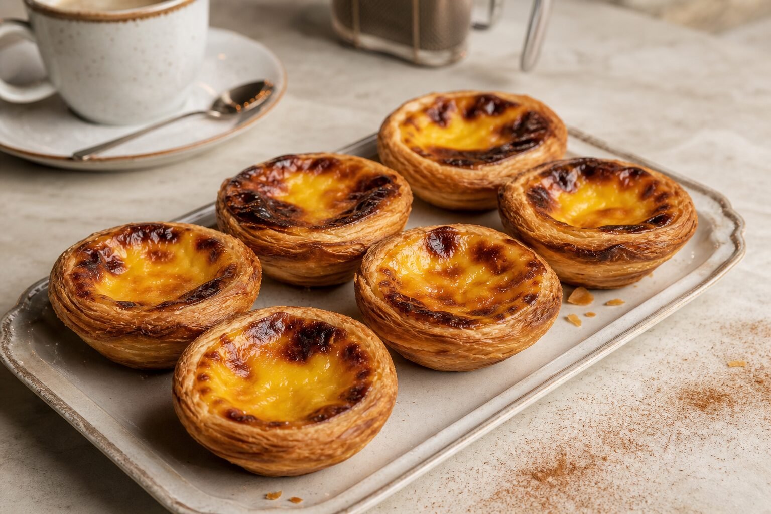 Portuguese custard tarts with caramelized tops and crisp flaky pastry.