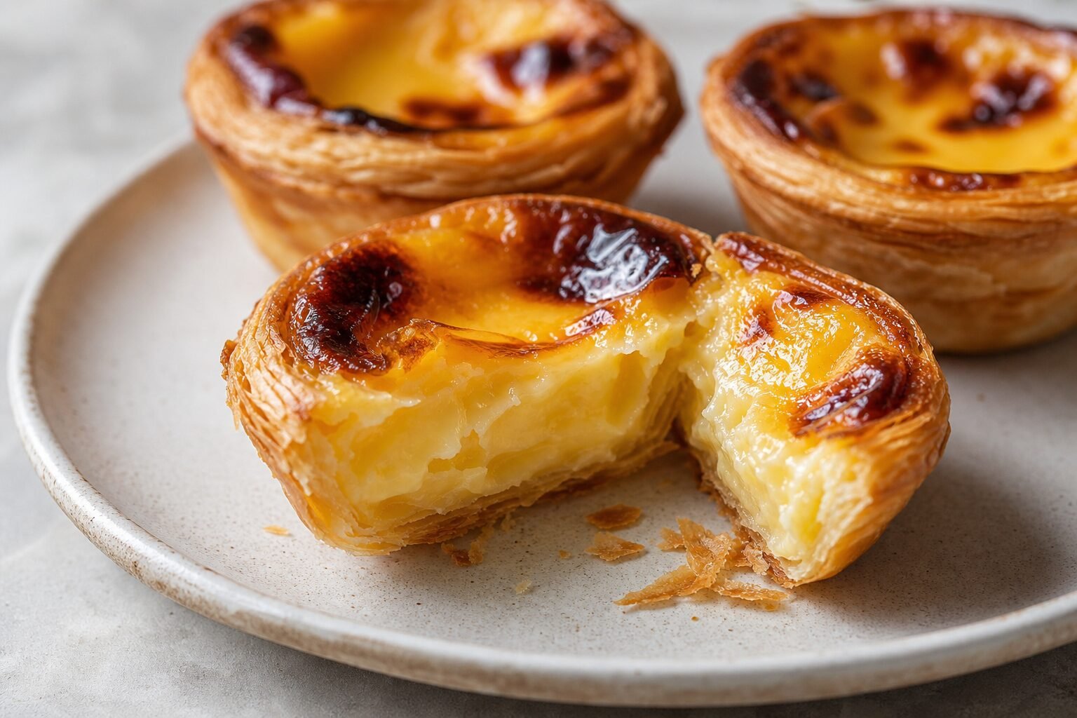 A Portuguese custard tart cut open to show creamy filling and flaky pastry layers.