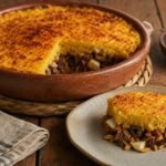 Chilean pastel de choclo with golden corn topping and a savory beef, chicken, egg, olive, and raisin filling.