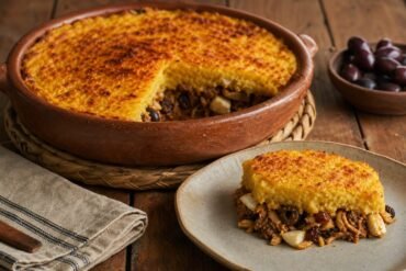Chilean pastel de choclo with golden corn topping and a savory beef, chicken, egg, olive, and raisin filling.