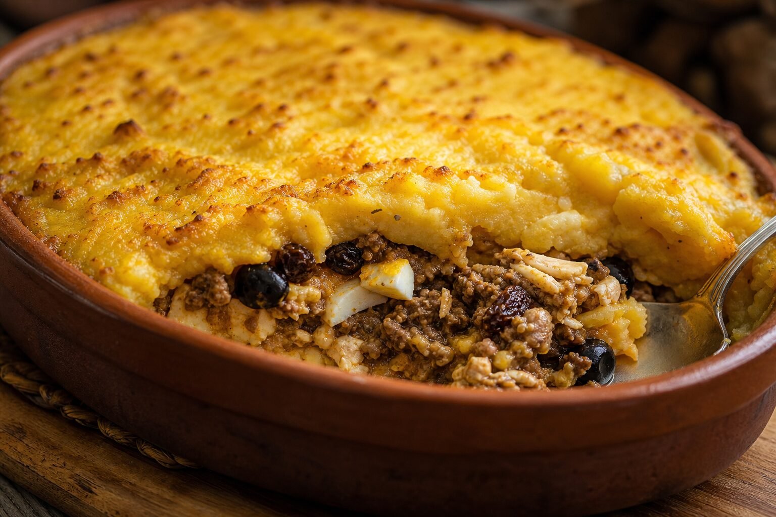Close cross section of pastel de choclo showing sweet corn topping and savory layered filling.