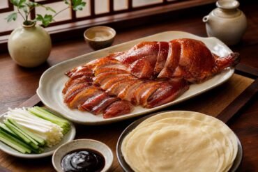 Classic Peking duck with glossy crisp skin, thin pancakes, cucumber, scallions, and hoisin sauce.