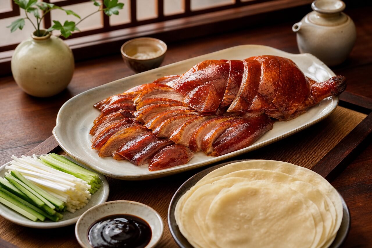 Classic Peking duck with glossy crisp skin, thin pancakes, cucumber, scallions, and hoisin sauce.