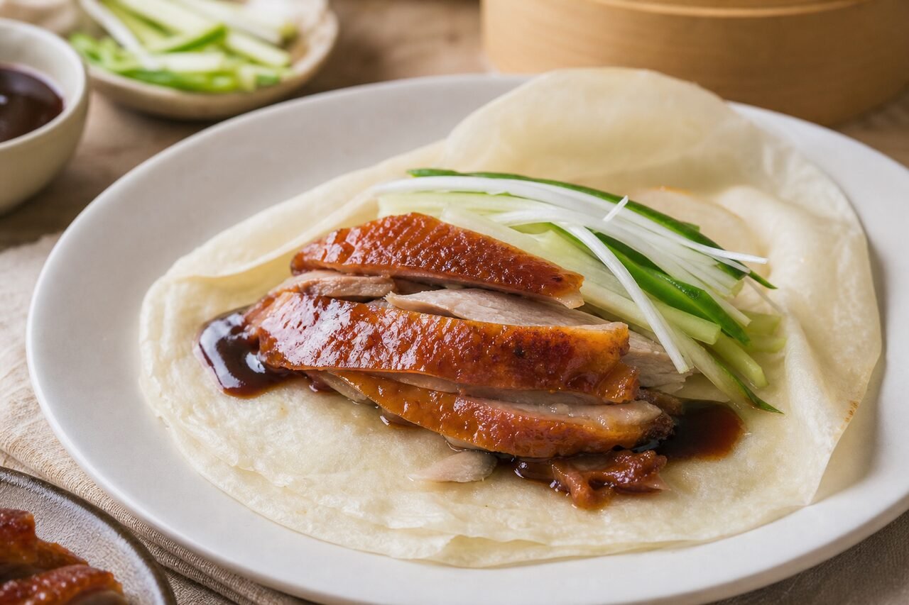 A thin pancake filled with crisp Peking duck, hoisin sauce, cucumber, and scallions.