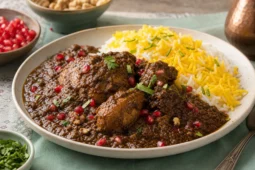Persian chicken fesenjan in glossy walnut and pomegranate sauce with pomegranate arils, herbs, and saffron rice.