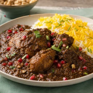 Persian chicken fesenjan in glossy walnut and pomegranate sauce with pomegranate arils, herbs, and saffron rice.