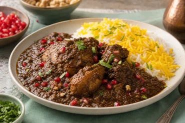 Persian chicken fesenjan in glossy walnut and pomegranate sauce with pomegranate arils, herbs, and saffron rice.