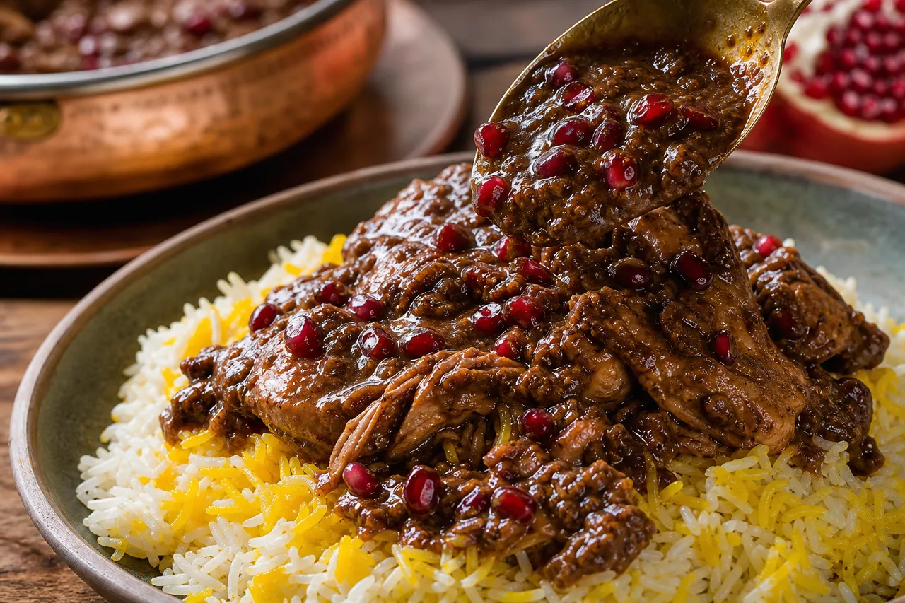 A close-up serving of Persian chicken fesenjan spooned over saffron rice with rich walnut-pomegranate sauce.