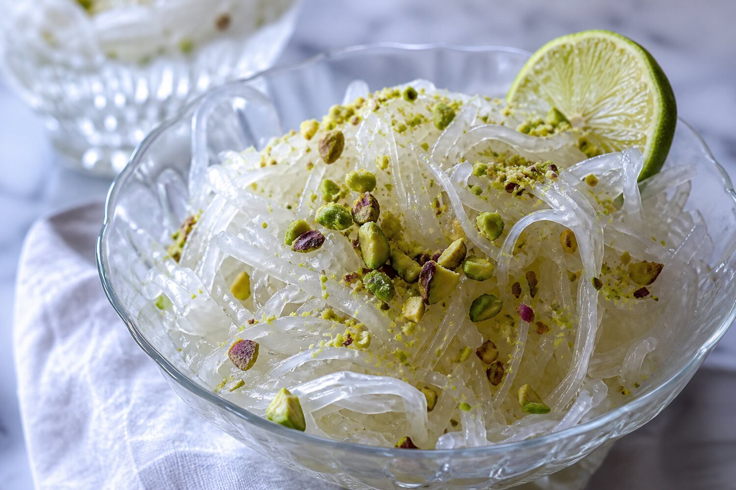 Close-up of Persian faloodeh rice noodles with lime and crushed pistachios.