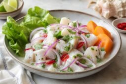 Peruvian ceviche with white fish, red onion, cilantro, chili, sweet potato, and lime.