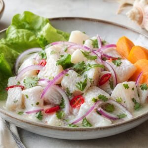 Peruvian ceviche with white fish, red onion, cilantro, chili, sweet potato, and lime.