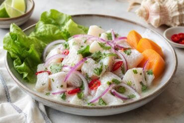 Peruvian ceviche with white fish, red onion, cilantro, chili, sweet potato, and lime.
