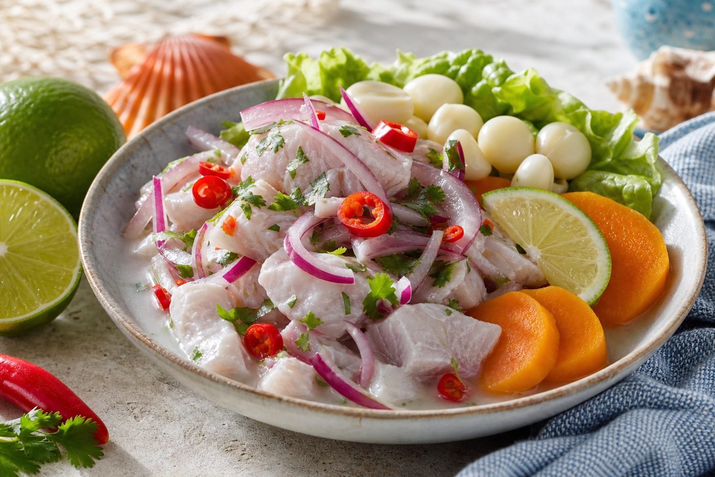 Close serving of Peruvian ceviche with lime, red onion, cilantro, chili, sweet potato, and corn.