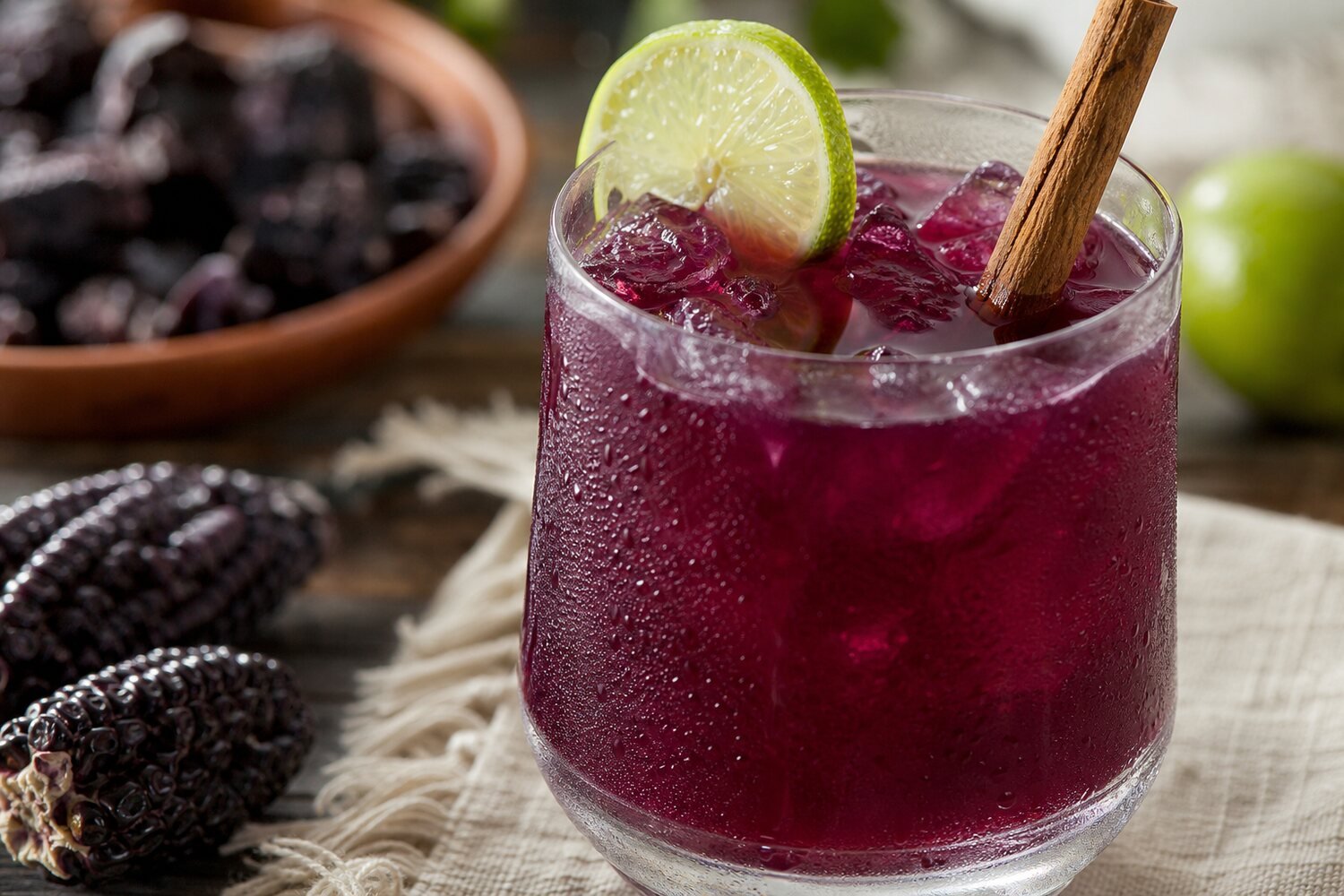 Close-up chilled glass of deep purple Peruvian chicha morada with lime and cinnamon.