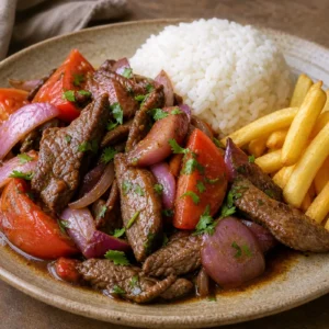 Peruvian Lomo Saltado with seared beef, red onions, tomatoes, fries, and white rice.