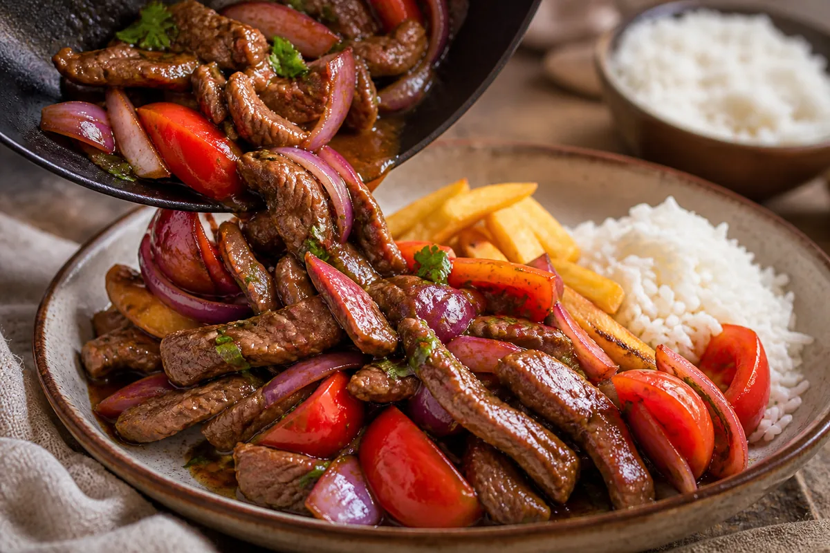 Lomo Saltado being served from a hot skillet with beef, onions, tomatoes, fries, and rice.