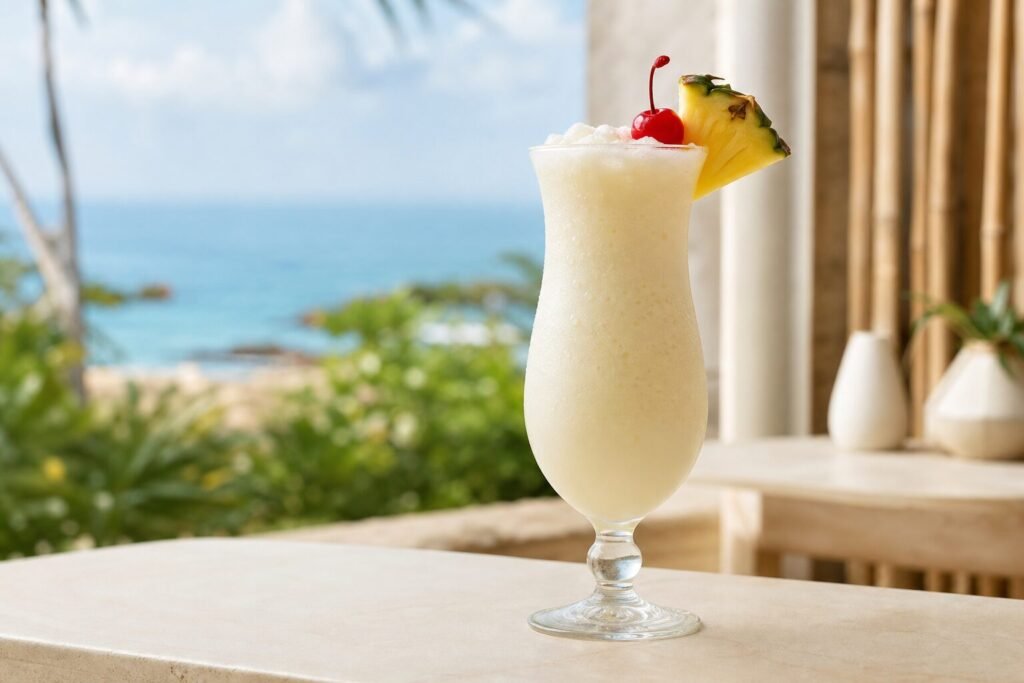 A creamy Puerto Rican pina colada with crushed ice, pineapple wedge, and cocktail cherry.