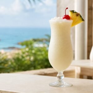 A creamy Puerto Rican pina colada with crushed ice, pineapple wedge, and cocktail cherry.